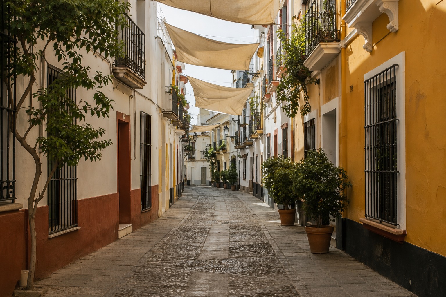 Smal gata i Sevilla med solsegel spända mellan husen och krukväxter längs fasaderna