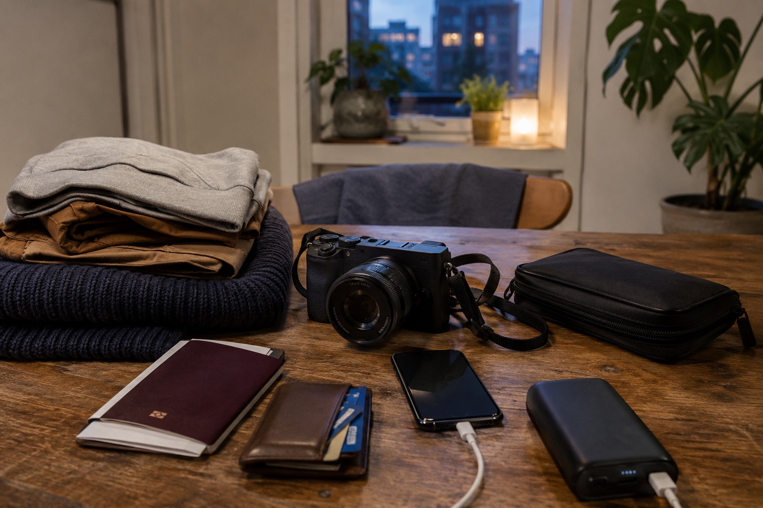 Köksbord kvällen före en resa med hopvikta kläder, kamera, pass, plånbok, mobil på laddning och powerbank