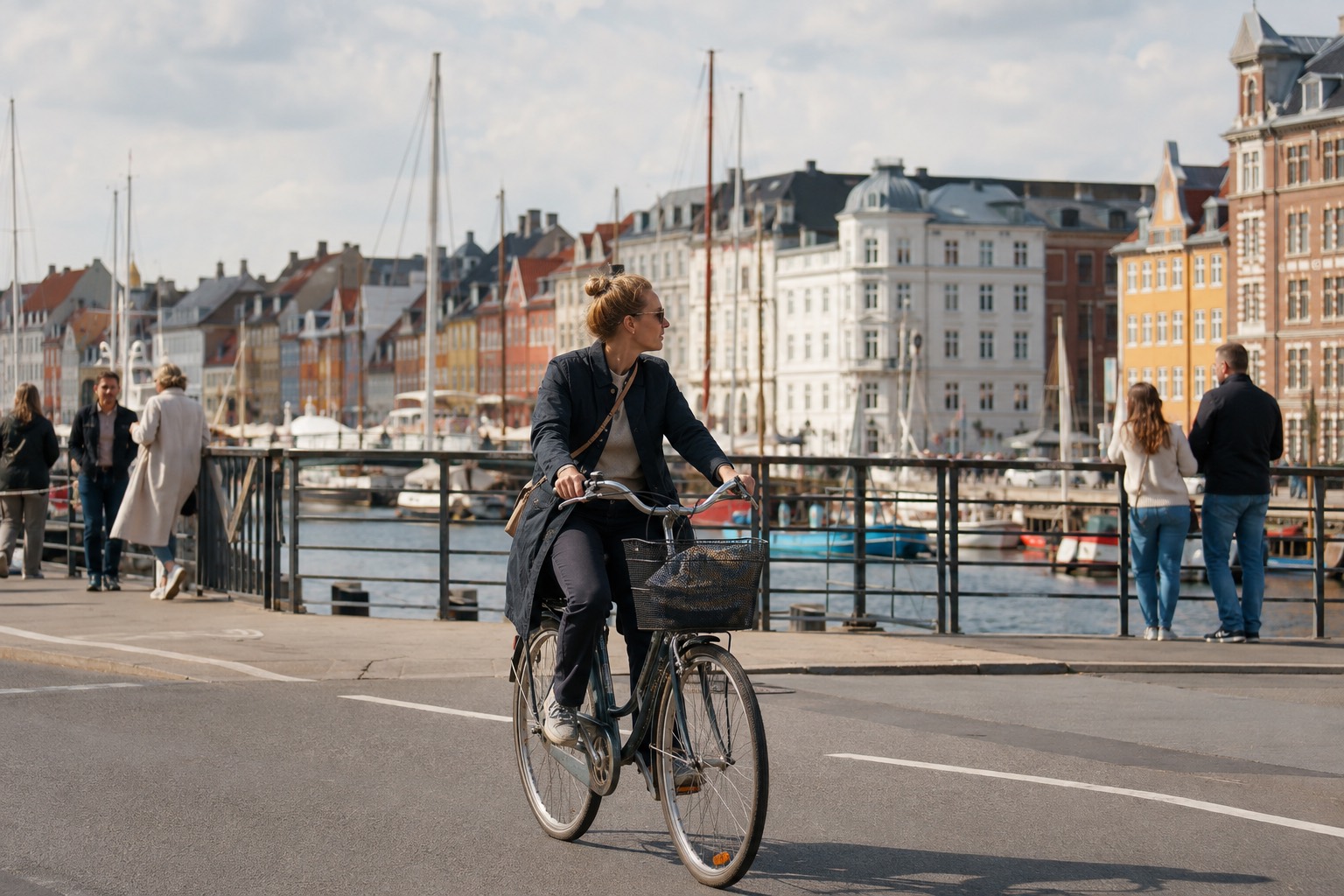 Cyklist på en bro vid Nyhavn i Köpenhamn med färgade husfasader och båtmaster i bakgrunden